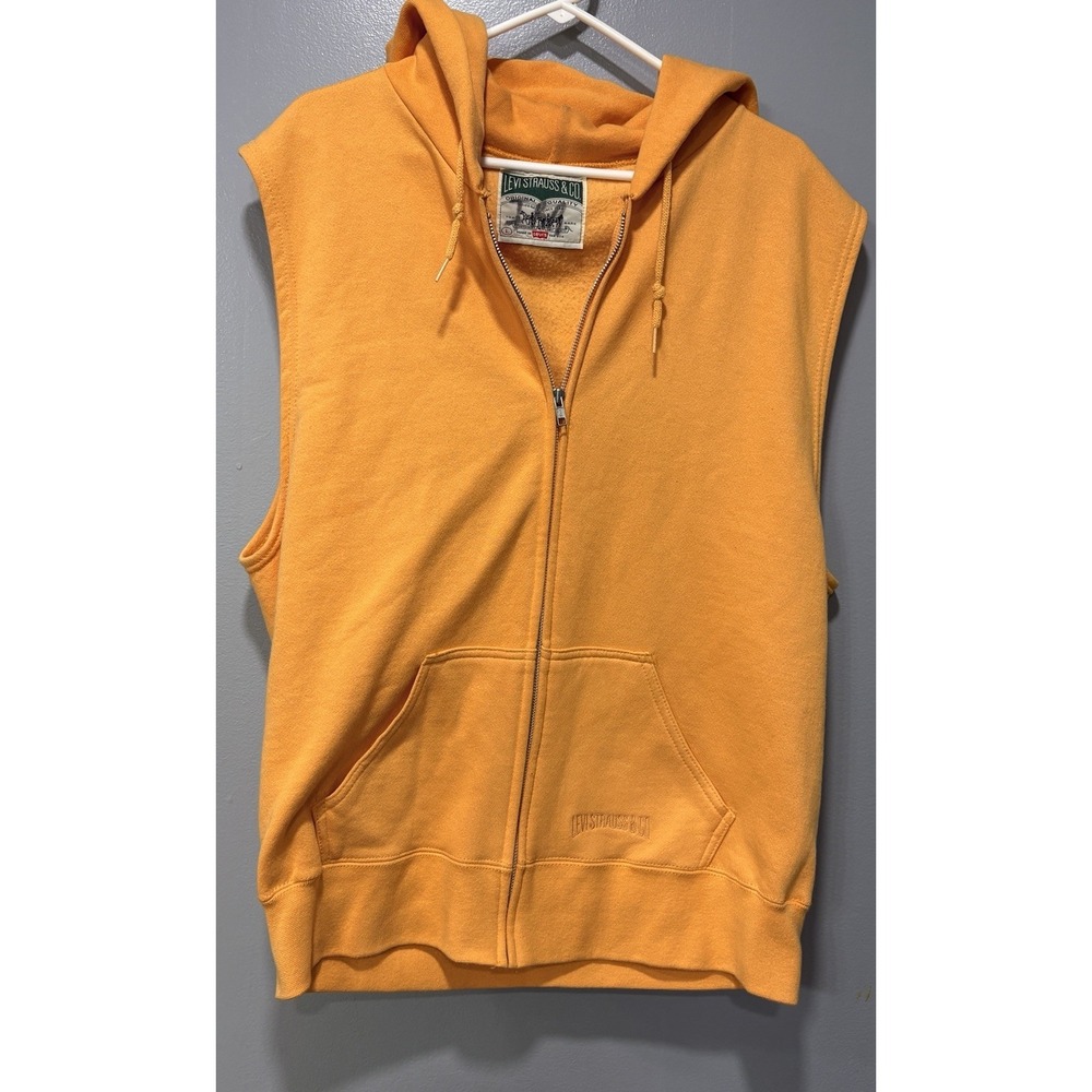 Vtg Mens Levi's Strauss & Co Yellow Hoodie L USA Made Vest Embd Logo Full Zip